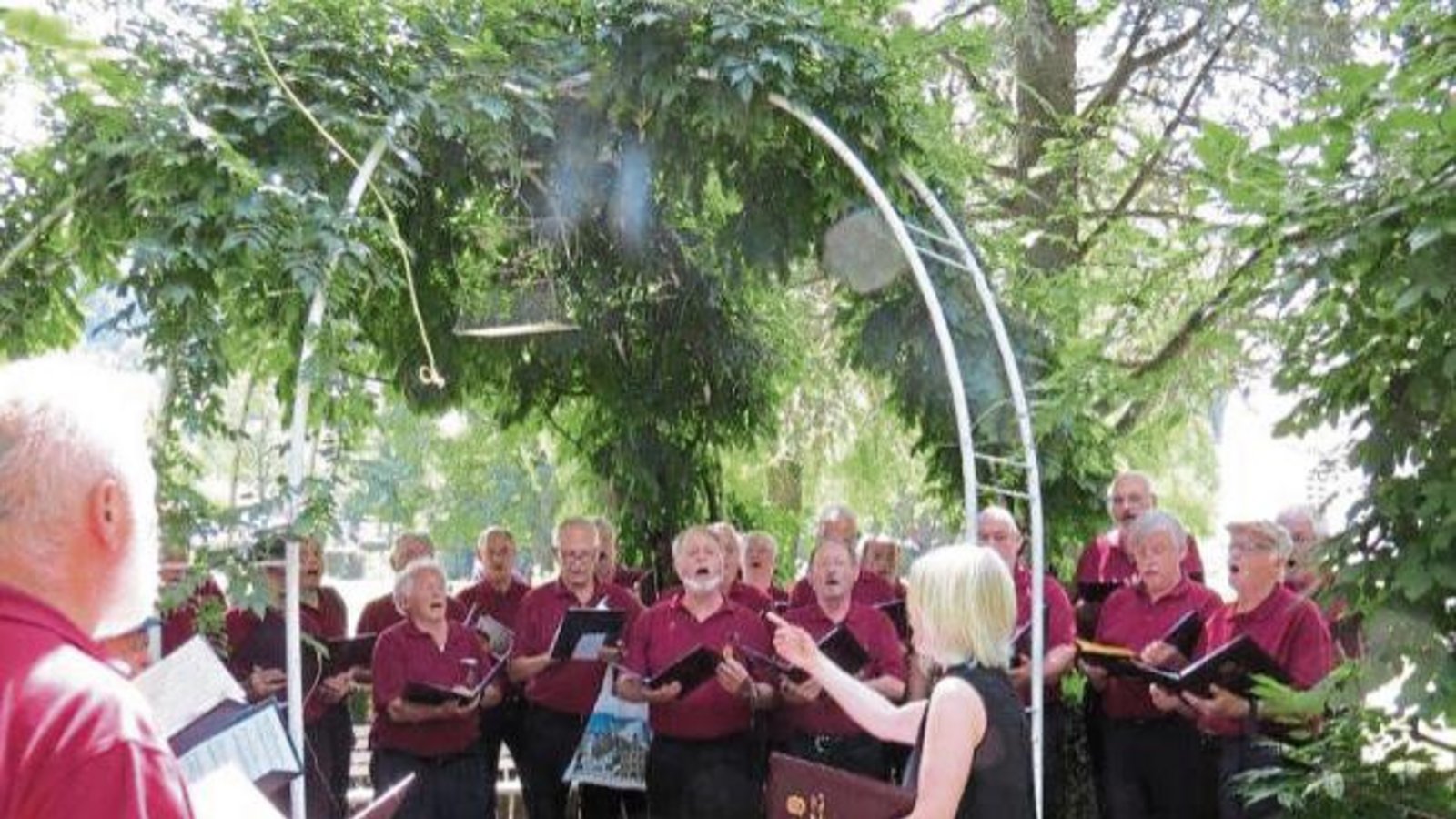 Unter der schattigen Glyzinienlaube ertönte aus den Kehlen der Sänger des Männergesangvereins Vaihingen die „Rose von Burgund“, was etliche Gartenschaubesucher in Bad Herrenalb zum Verweilen einlud. Neben dem Pflichtprogramm anlässlich der Chortage des Chorverbands Enz, der Präsentation des Chores auf der Hauptbühne, gaben die Sänger auf dem Gelände spontane Gesangseinlagen. Nach Chorleiterin Gwendolyn Phear dirigierten der Vorsitzende Manfred Schmalzried und die beiden Vize Dieter Olpp und Rainer Gunzenhauser den Chor. Foto: Graef-Rau Unter der schattigen Glyzinienlaube ertönte aus den Kehlen der Sänger des Männergesangvereins Vaihingen die „Rose von Burgund“, was etliche Gartenschaubesucher in Bad Herrenalb zum Verweilen einlud. Neben dem Pflichtprogramm anlässlich der Chortage des Chorverbands Enz, der Präsentation des Chores auf der Hauptbühne, gaben die Sänger auf dem Gelände spontane Gesangseinlagen. Nach Chorleiterin Gwendolyn Phear dirigierten der Vorsitzende Manfred Schmalzried und die beiden Vize Dieter Olpp und Rainer Gunzenhauser den Chor. Foto: Graef-Rau