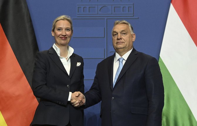 Lächeln und Händeschütteln: Alice Weidel trifft den ungarischen Regierungschef Viktor Orban.<span class='image-autor'>Foto: dpa/Szilard Koszticsak</span>
