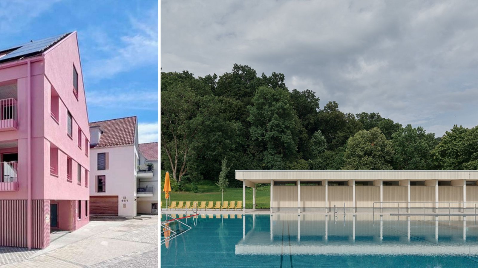 Stuttgarter Architekten am Werk – das flamingofarbene Baugruppenhaus in Metzingen und das Schwimmbad in Biberach.Foto: Michael Meyer (li.)/Zooey Braun/asp Architekten