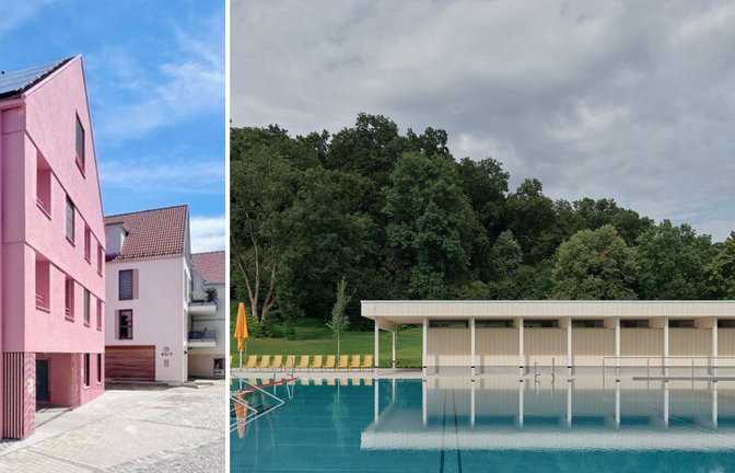 Stuttgarter Architekten am Werk – das flamingofarbene Baugruppenhaus in Metzingen und das Schwimmbad in Biberach.<span class='image-autor'>Foto: Michael Meyer (li.)/Zooey Braun/asp Architekten</span>