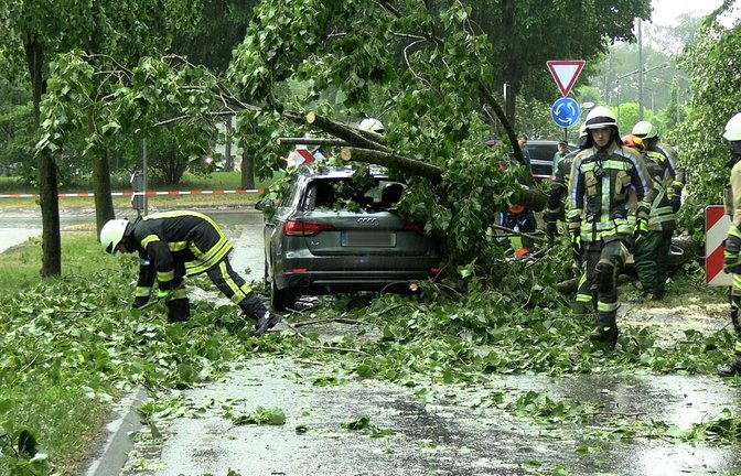 Feuerwehrleute beseitigen in Nordrhein-Westfalen einen durch Gewitterböen umgestürzten Baum von einem Auto.<span class='image-autor'>Foto: dpa/Bernd März</span>
