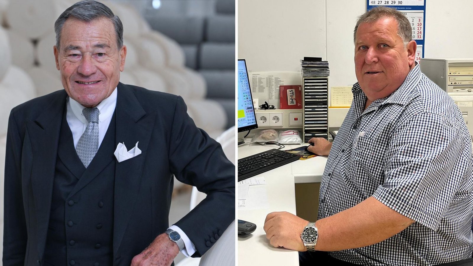 Mehr als 45 Jahre hat Karl-Josef Schoser (rechts) unter Wolfgang Grupps Führung bei Trigema gearbeitet. Der Betriebsratschef hat der Firma auch nach der Übergabe an die nächste Generation die Treue gehalten – bis heute.Foto: Bernd Weißbrod/dpa, privat