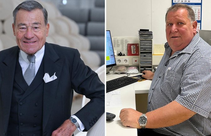 Mehr als 45 Jahre hat Karl-Josef Schoser (rechts) unter Wolfgang Grupps Führung bei Trigema gearbeitet. Der Betriebsratschef hat der Firma auch nach der Übergabe an die nächste Generation die Treue gehalten – bis heute.<span class='image-autor'>Foto: Bernd Weißbrod/dpa, privat</span>