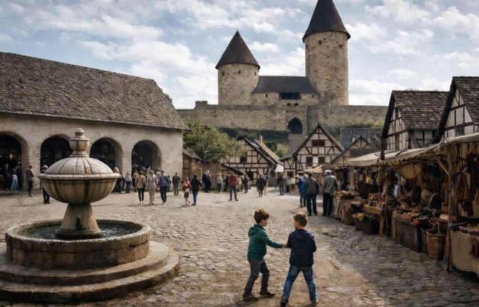 Wie könnte die mittelalterliche „Erlebniswelt Markstein“ aussehen? Die Initiatoren lassen eine KI eine Inspiration für Marktplatz mit Markthalle und Blick auf die Burg entwerfen.  Visualisierung: Epic Realms Ventures