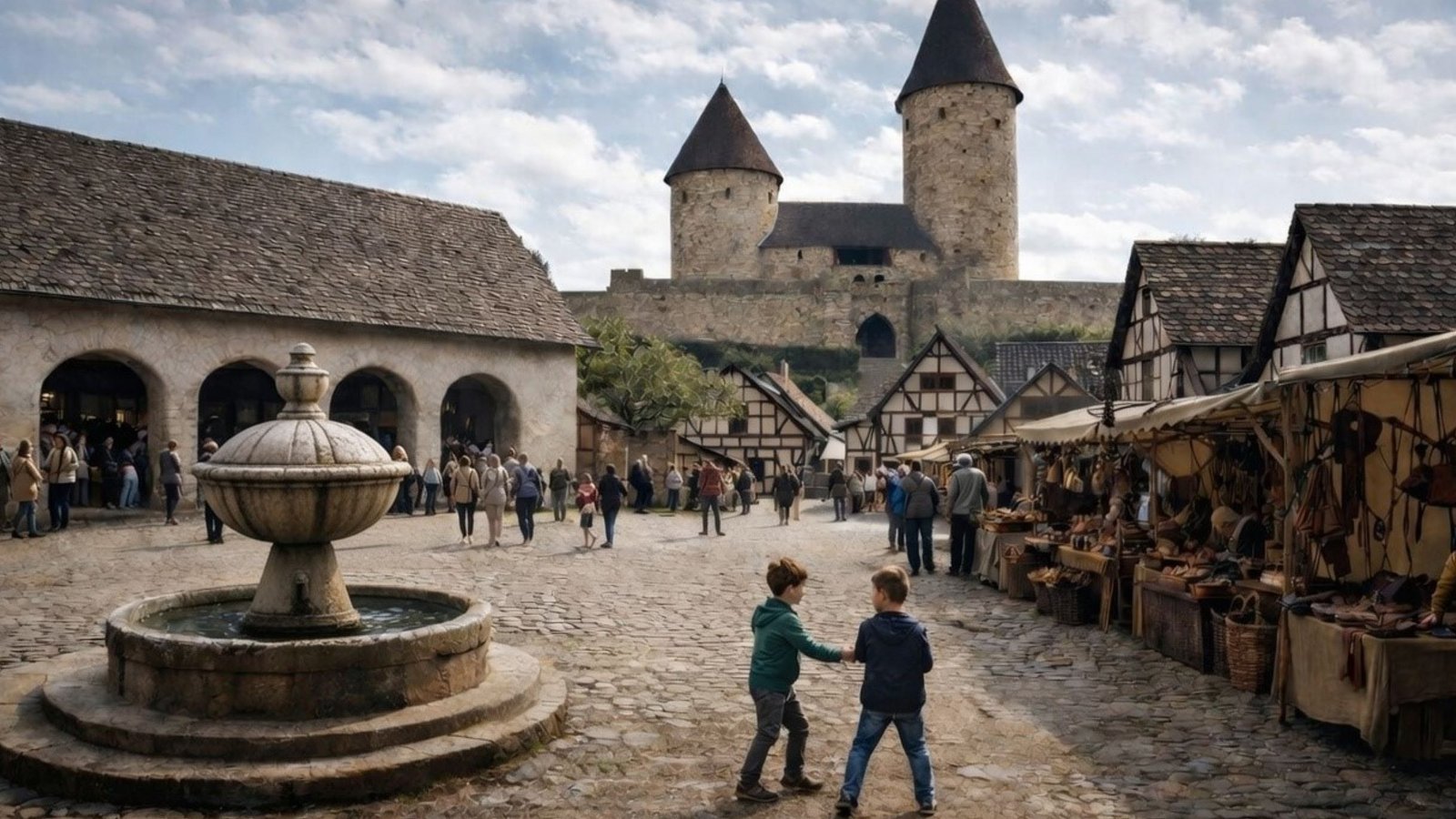 Wie könnte die mittelalterliche „Erlebniswelt Markstein“ aussehen? Die Initiatoren lassen eine KI eine Inspiration für Marktplatz mit Markthalle und Blick auf die Burg entwerfen.  Visualisierung: Epic Realms Ventures