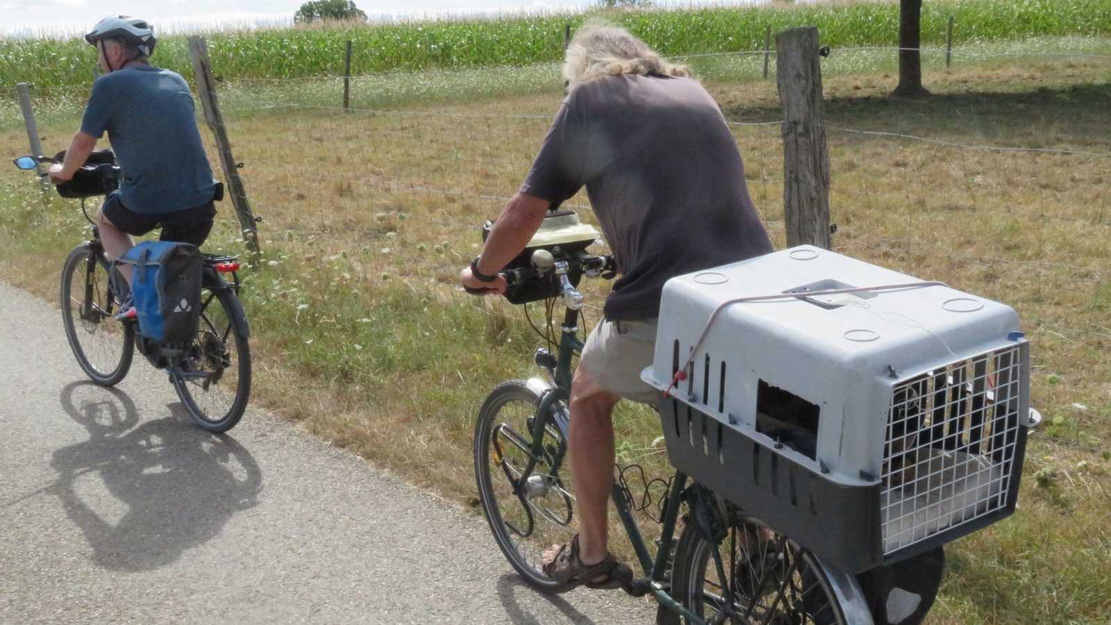 Selbst ein Hund ist bei der Fahrradtour dabei: wie immer bei Georg Rapp in der Transportbox auf dem Gepäckträger.