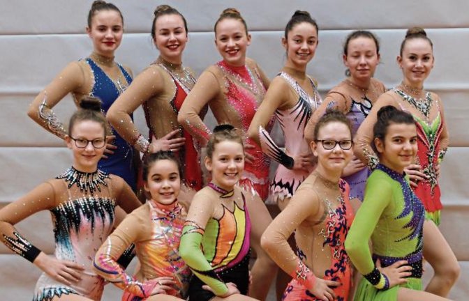 Für den TV Sersheim am Start: (hinten von links) das K-9-Team mit Lina Brenner, Mailin Widmann, Paula Kolb, Hanna Wilhelm, Ramona Wagner und Jasmin Tenzer sowie (vorne von links) das K-8-Team mit Alina Scharnow, Arisa Schneider, Sarah Scheffel, Mia Scharnow und Anja Rau Foto: privat
