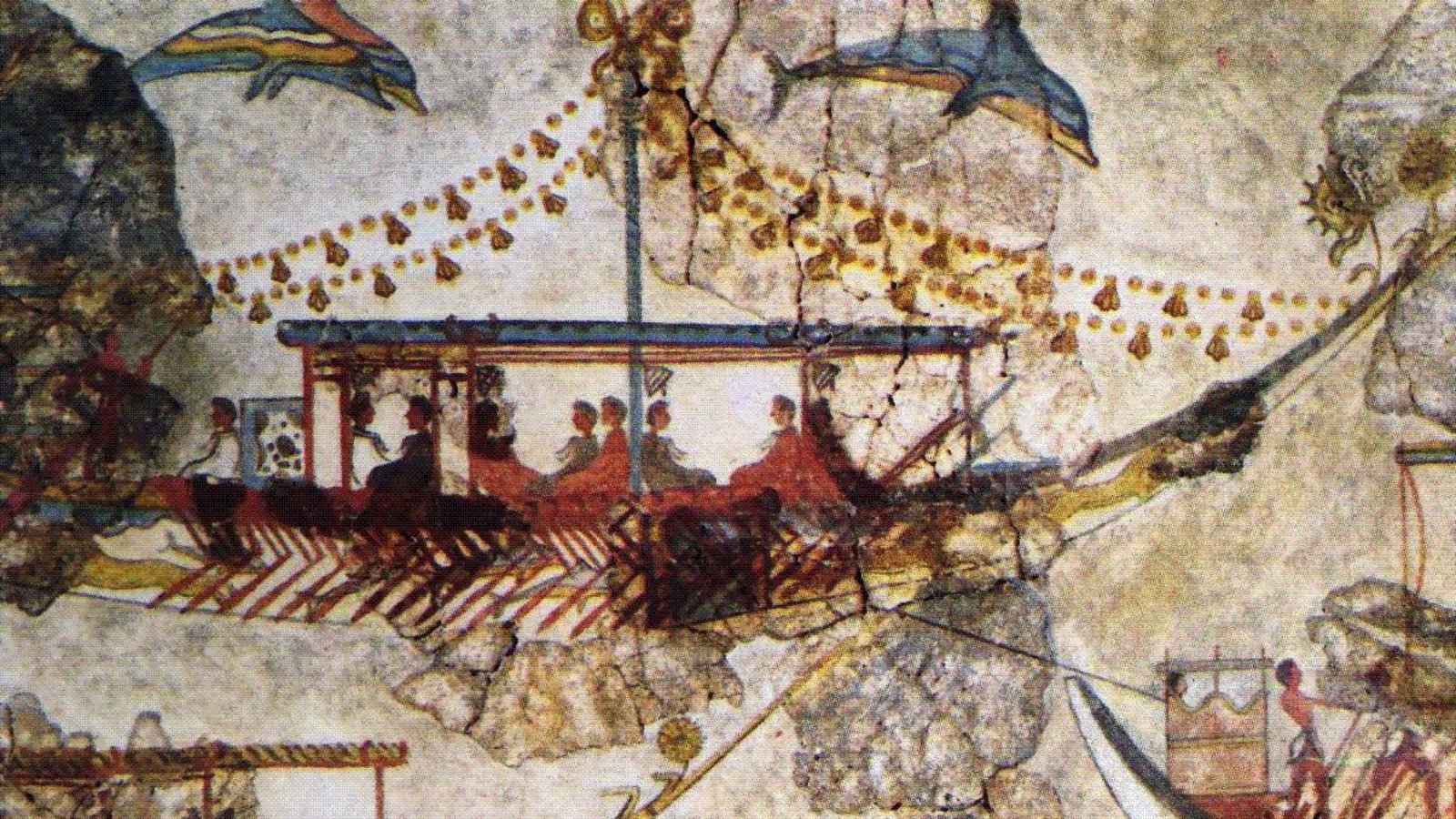 Diese Wandmalerei aus Acrotiri in Thera (Santorini/Griechenland) zeigt ein minoisches Schiff aus der Bronzezeit.Foto: Imago/United Archives International Diese Wandmalerei aus Acrotiri in Thera (Santorini/Griechenland) zeigt ein minoisches Schiff aus der Bronzezeit.Foto: Imago/United Archives International