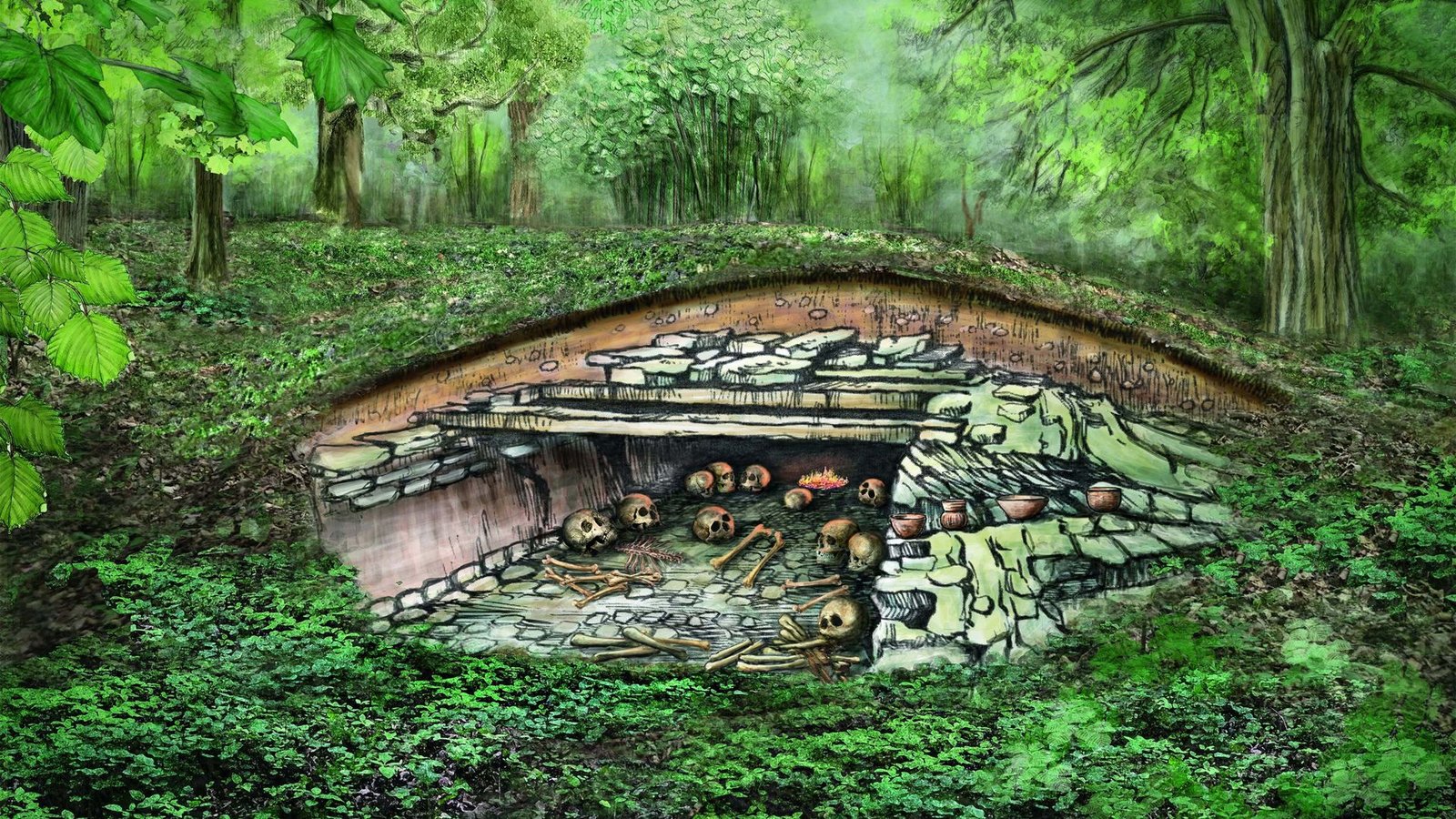 Rekonstruktion des Felskammergrabs von (um 3100 v. Chr.): Unter den Bestatteten fand sich aufgrund der genetischen Analysen u. a. der Sohn einer Familie aus der circa 250 Kilometer weiter südlich gelegenen Wetterau. Foto: Susanne Beyer/Institut f. UFG/Uni Kiel